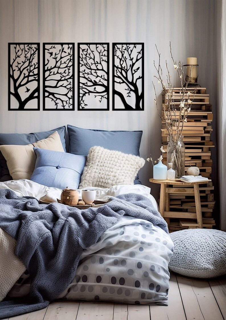 Ast 4 Stück Holzwanddekor, Pflanzenwandkunst, Baum abstraktes Dekor, Hauptwanddekor, Wohnzimmerkunst