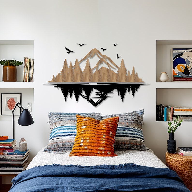 Bergwald Holzwandkunst Natur Silhouette Dekor 152x86 cm MDF