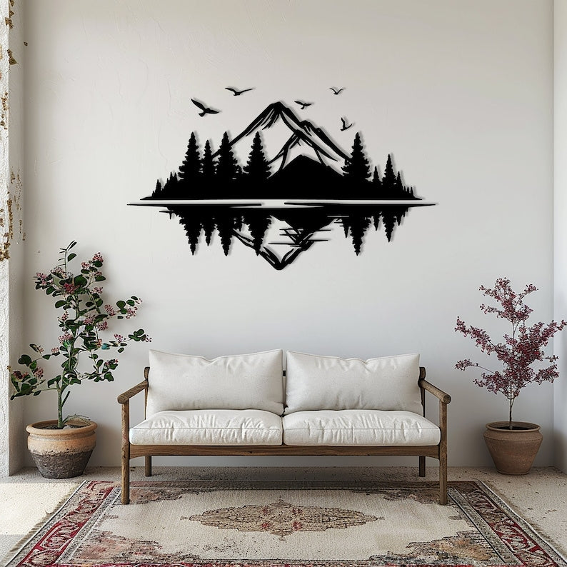 Bergwald Holzwandkunst Natur Silhouette Dekor 152x86 cm MDF