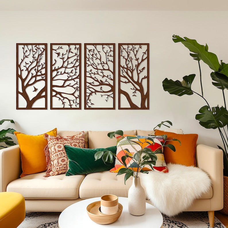 Ast 4 Stück Holzwanddekor, Pflanzenwandkunst, Baum abstraktes Dekor, Hauptwanddekor, Wohnzimmerkunst