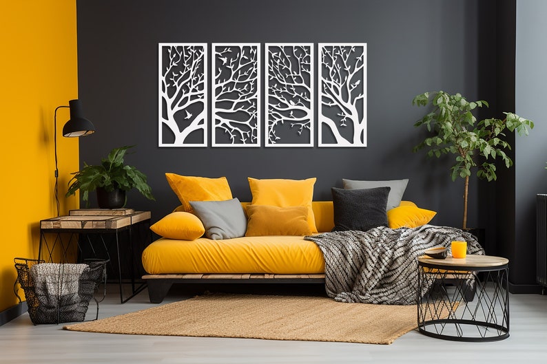 Ast 4 Stück Holzwanddekor, Pflanzenwandkunst, Baum abstraktes Dekor, Hauptwanddekor, Wohnzimmerkunst