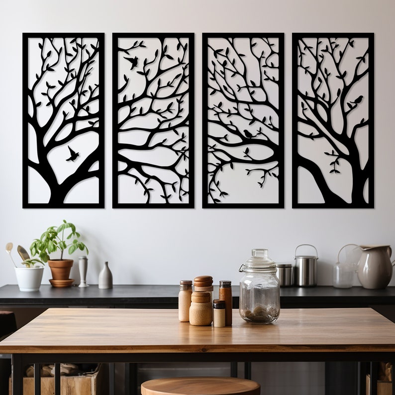 Ast 4 Stück Holzwanddekor, Pflanzenwandkunst, Baum abstraktes Dekor, Hauptwanddekor, Wohnzimmerkunst