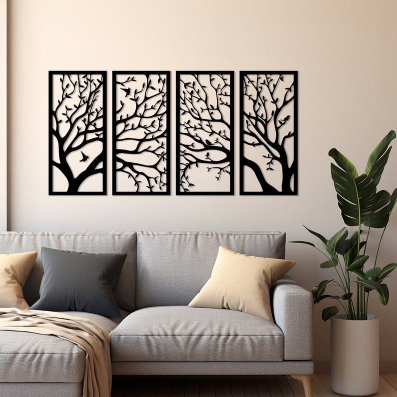 Ast 4 Stück Holzwanddekor, Pflanzenwandkunst, Baum abstraktes Dekor, Hauptwanddekor, Wohnzimmerkunst