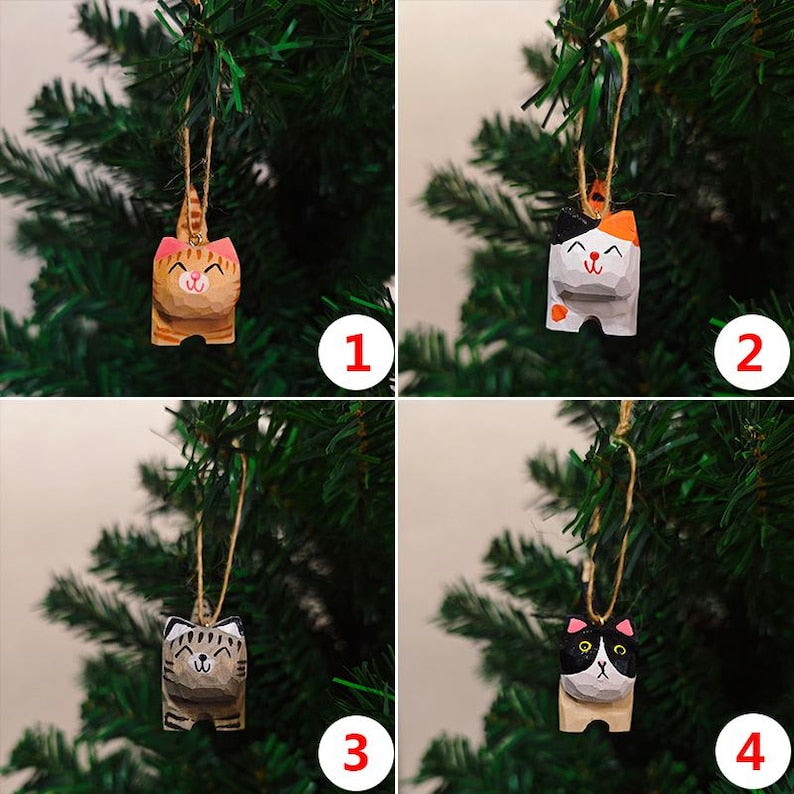 Handgeschnitzte Katzenstatue aus Holz, Weihnachtsbaumschmuck, Schreibtischdeko