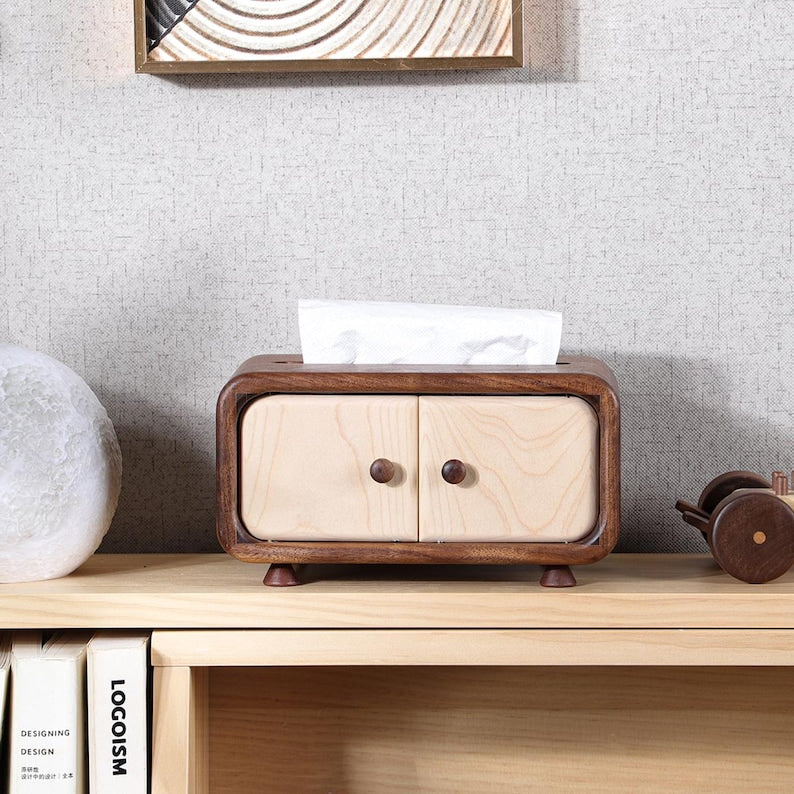 Mini Holztaschentücherkasten mit Schrankdesign, Nussbaum, kompakt