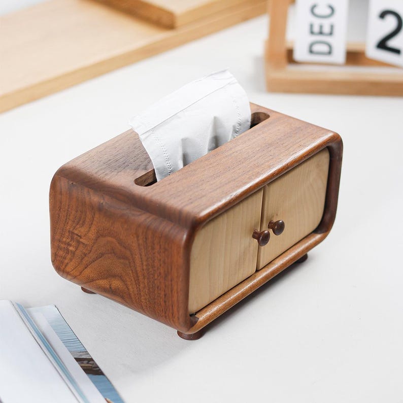 Mini Holztaschentücherkasten mit Schrankdesign, Nussbaum, kompakt