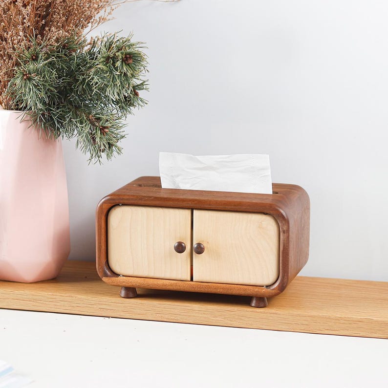 Mini Holztaschentücherkasten mit Schrankdesign, Nussbaum, kompakt
