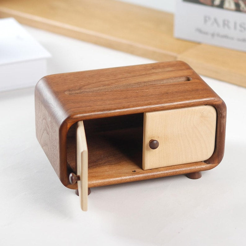 Mini Holztaschentücherkasten mit Schrankdesign, Nussbaum, kompakt