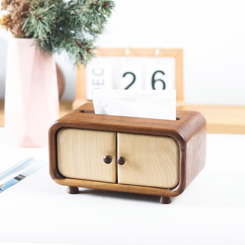Mini Holztaschentücherkasten mit Schrankdesign, Nussbaum, kompakt