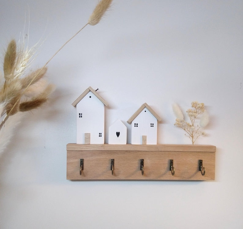 Schlüsselbrett Holzhäuschen Boho Wanddekoration Schlüsselhaken aus Holz 25x15cm
