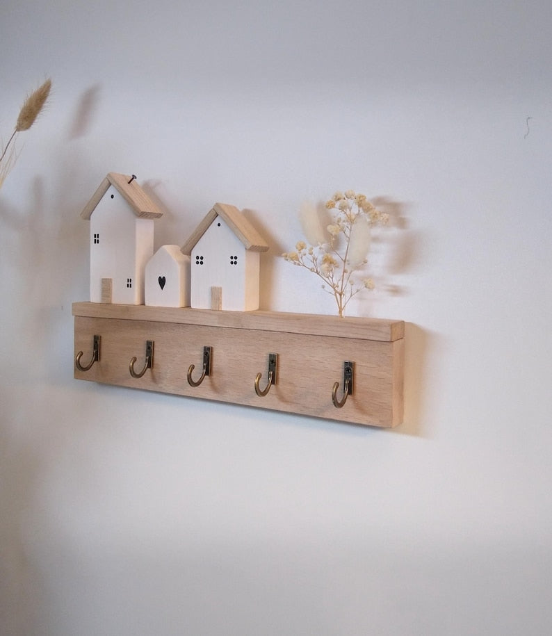 Schlüsselbrett Holzhäuschen Boho Wanddekoration Schlüsselhaken aus Holz 25x15cm