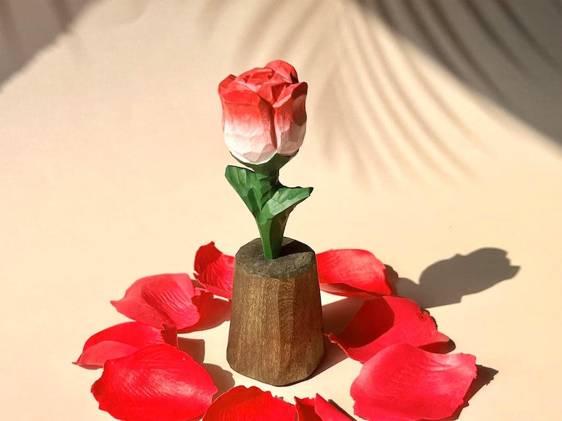 Holz Rosenfigur Handgeschnitzt Rote Rose 13 cm Dekoration Tischfigur