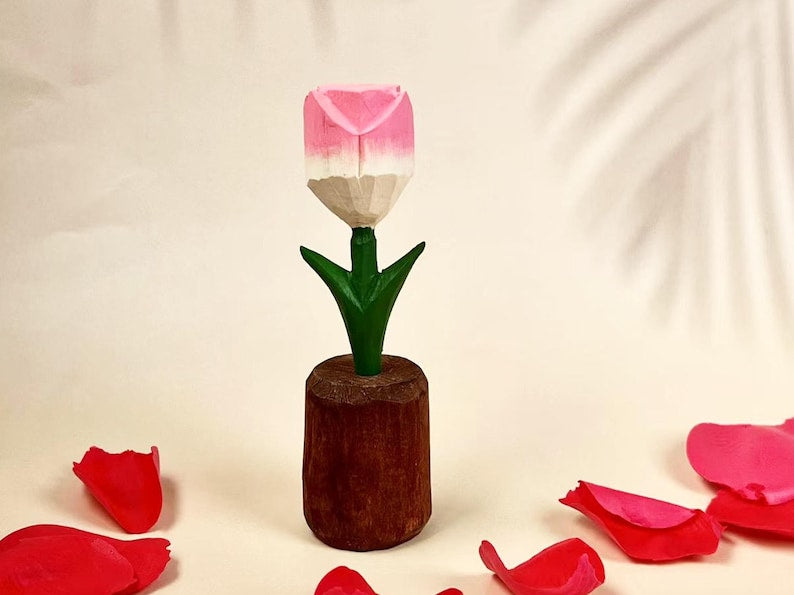 Holz Rosenfigur Handgeschnitzt Rote Rose 13 cm Dekoration Tischfigur