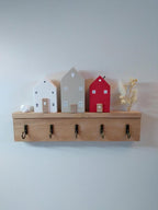 Schlüsselhalter Holzhäuschen Wanddekoration Schlüsselboard mit 5 Haken, Tinyhouse Miniaturhaus, 25x15x2 cm, Skandi Stil