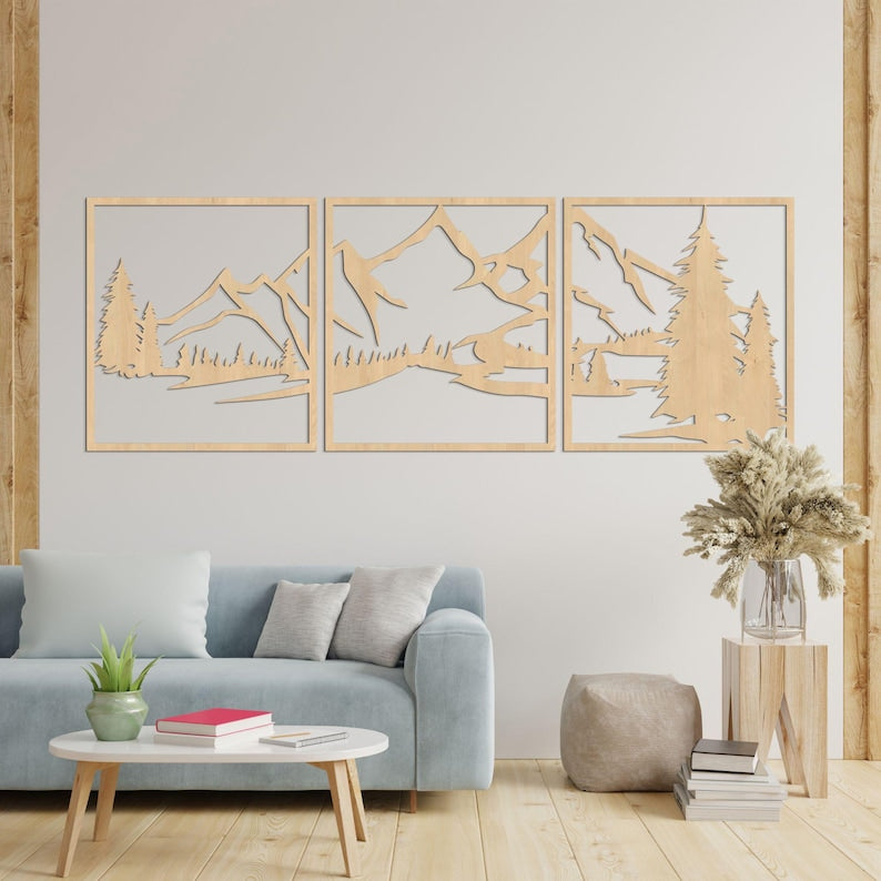 Bergwand Kunst aus Holz, HDF 3 mm, Rustikales Wanddekor für Wohnzimmer, Schlafzimmer, Büro
