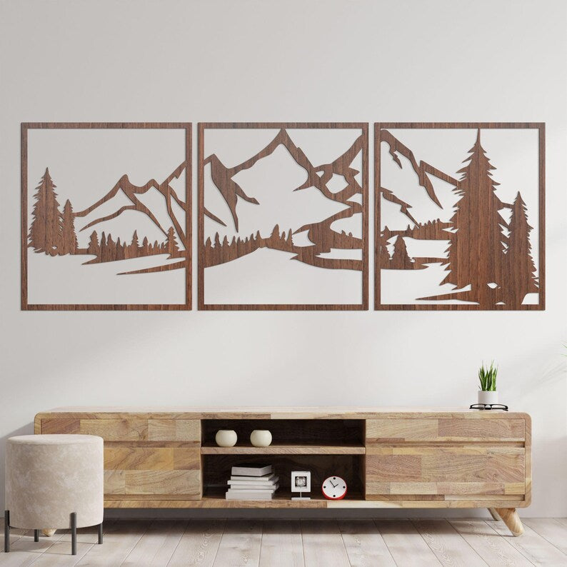 Bergwand Kunst aus Holz, HDF 3 mm, Rustikales Wanddekor für Wohnzimmer, Schlafzimmer, Büro