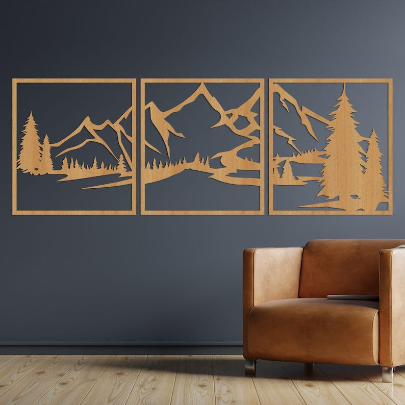 Bergwand Kunst aus Holz, HDF 3 mm, Rustikales Wanddekor für Wohnzimmer, Schlafzimmer, Büro
