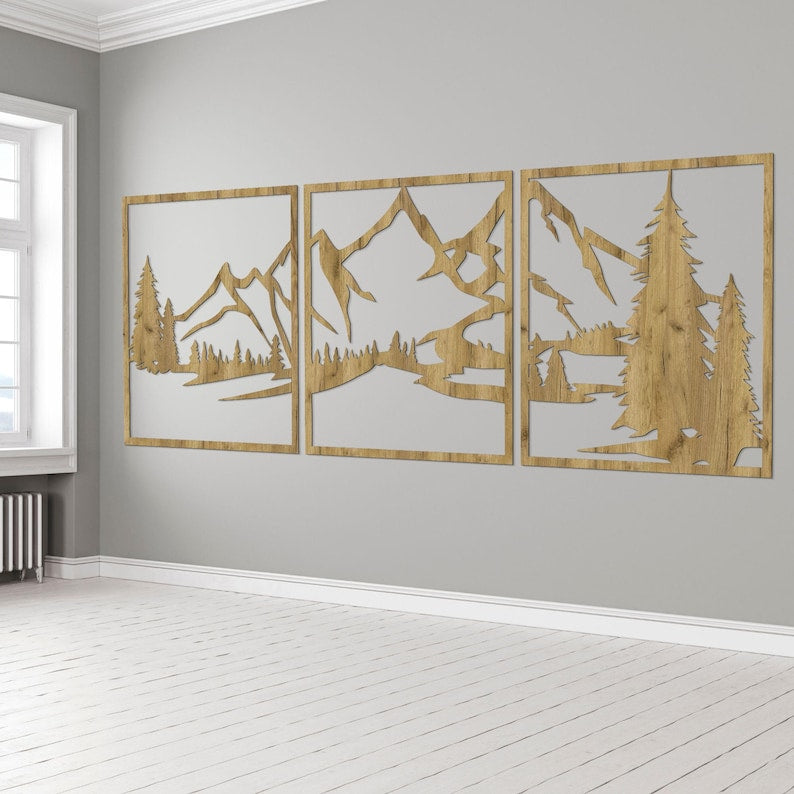 Bergwand Kunst aus Holz, HDF 3 mm, Rustikales Wanddekor für Wohnzimmer, Schlafzimmer, Büro