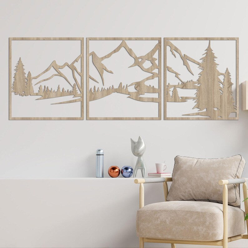 Bergwand Kunst aus Holz, HDF 3 mm, Rustikales Wanddekor für Wohnzimmer, Schlafzimmer, Büro