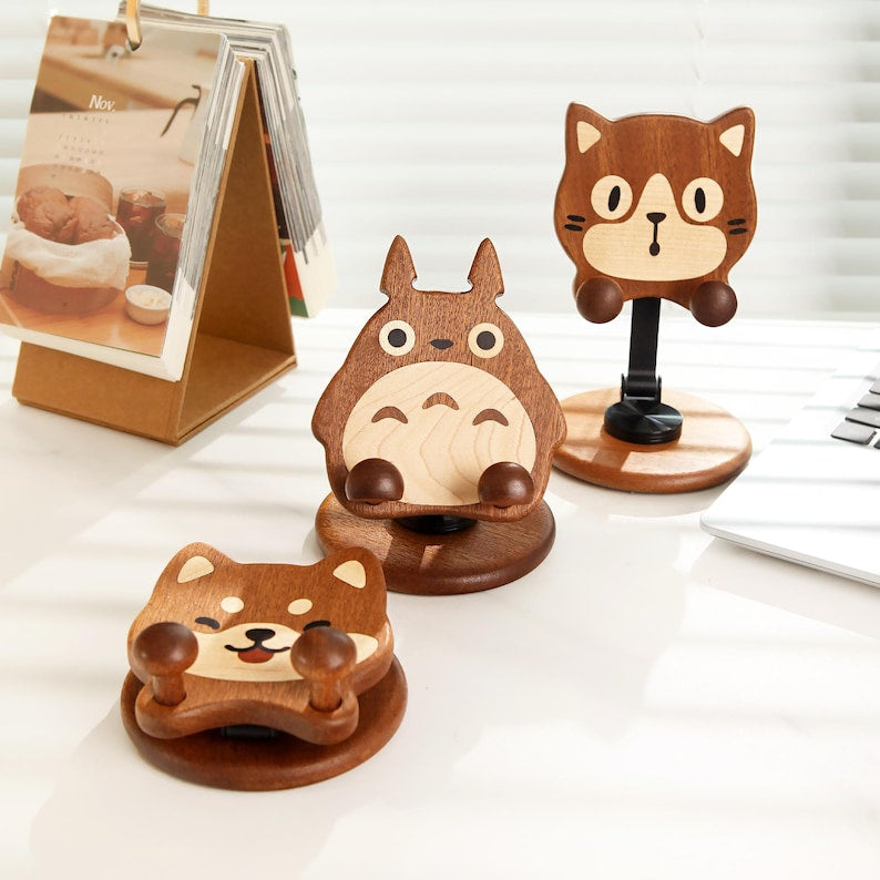 Holz-Tiertelefonständer mit Totoro-, Shiba-Inu- oder Katzen-Design, verstellbar und faltbar, Geschenk für Tierliebhaber