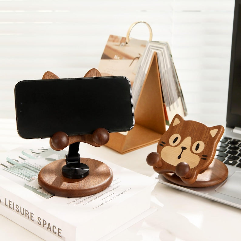 Holz-Tiertelefonständer mit Totoro-, Shiba-Inu- oder Katzen-Design, verstellbar und faltbar, Geschenk für Tierliebhaber