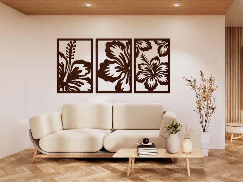 Hibiskus Blumen Holz Wandkunst Set, 3er-Set Tropische Wandpaneele, Schwarz, 5,7 mm, 100% Birkenholz