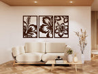Hibiskus Blumen Holz Wandkunst Set, 3er-Set Tropische Wandpaneele, Schwarz, 5,7 mm, 100% Birkenholz