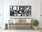 Hibiskus Blumen Holz Wandkunst Set, 3er-Set Tropische Wandpaneele, Schwarz, 5,7 mm, 100% Birkenholz