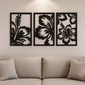 Hibiskus Blumen Holz Wandkunst Set, 3er-Set Tropische Wandpaneele, Schwarz, 5,7 mm, 100% Birkenholz