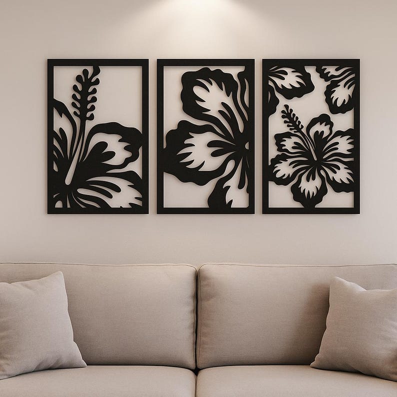 Hibiskus Blumen Holz Wandkunst Set, 3er-Set Tropische Wandpaneele, Schwarz, 5,7 mm, 100% Birkenholz