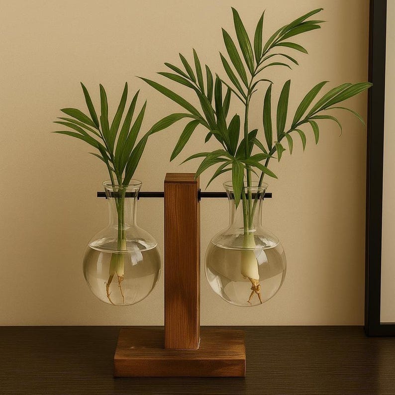 Glasvasen mit Holzhalter – Hydroponische Zimmerpflanzenvase für Stecklinge, transparent, 3er Set