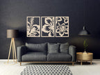 Hibiskus Blumen Holz Wandkunst Set, 3er-Set Tropische Wandpaneele, Schwarz, 5,7 mm, 100% Birkenholz