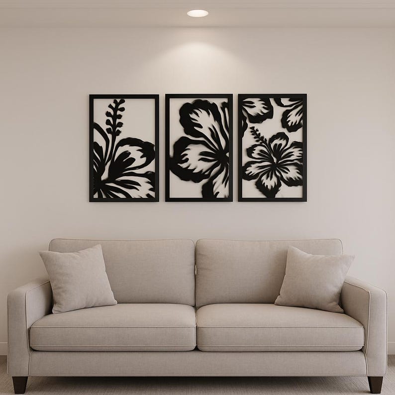 Hibiskus Blumen Holz Wandkunst Set, 3er-Set Tropische Wandpaneele, Schwarz, 5,7 mm, 100% Birkenholz