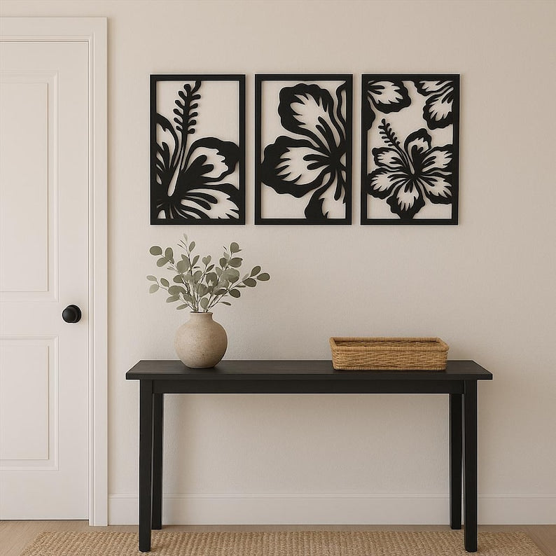 Hawaiianische Hibiskus Holzwandkunst 3er Set Tropische Blume Wohnzimmer Schlafzimmer Wanddeko