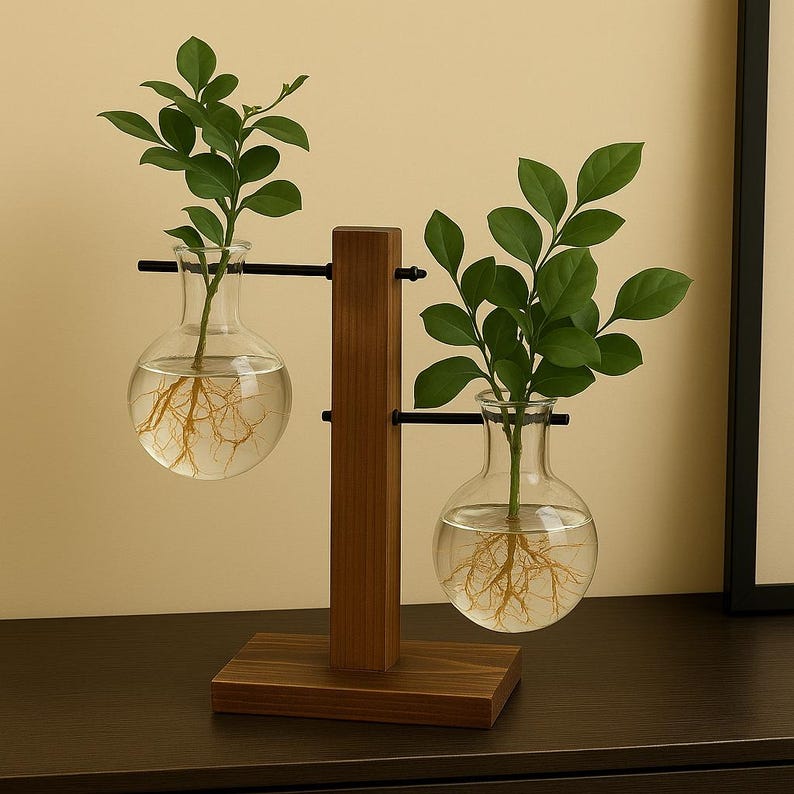 Glasvasen mit Holzhalter – Hydroponische Zimmerpflanzenvase für Stecklinge, transparent, 3er Set