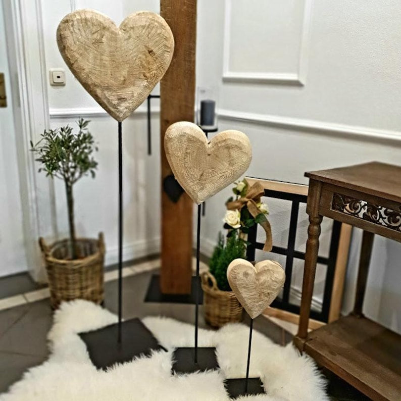Massivholz Herz auf Metallständer 3 Größen, Holzdeko, Herz Geschenk
