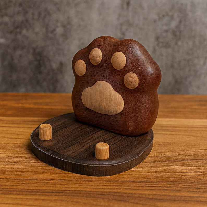 Handgefertigter Holz Handyständer Hundepfote Schreibtisch Organizer Naturholz