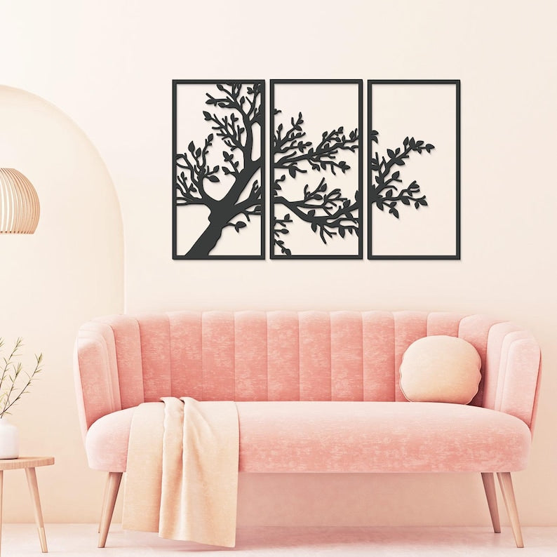 3-teiliges Wandbild-Set mit Baumzweigen – Holz-Deko „Baum des Lebens