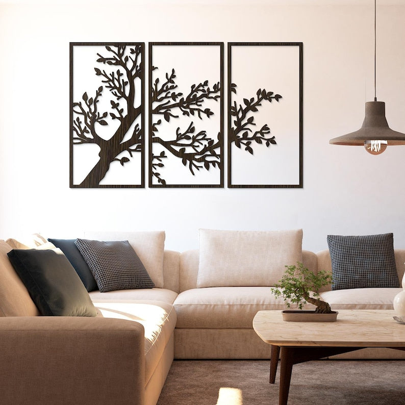 3-teiliges Wandbild-Set mit Baumzweigen – Holz-Deko „Baum des Lebens