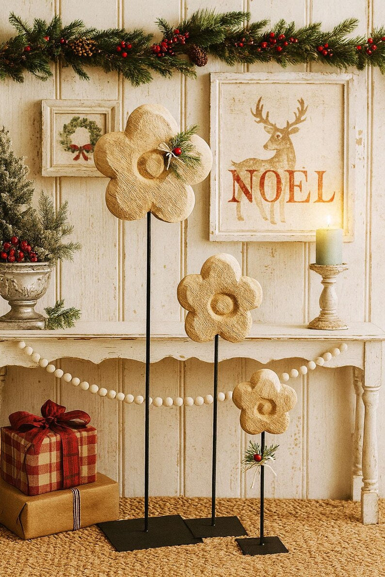 Holzblume auf Metallständer 3 Größen 130/90/50 cm Deko Holz Wohnaccessoire
