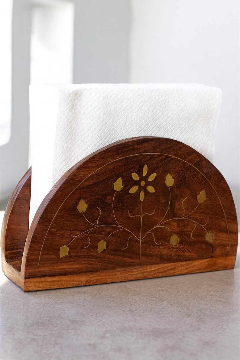 Serviettenhalter aus Holz mit Messingverzierung und floraler Gravur, Tischdeko-Organizer, Einzugsgeschenk