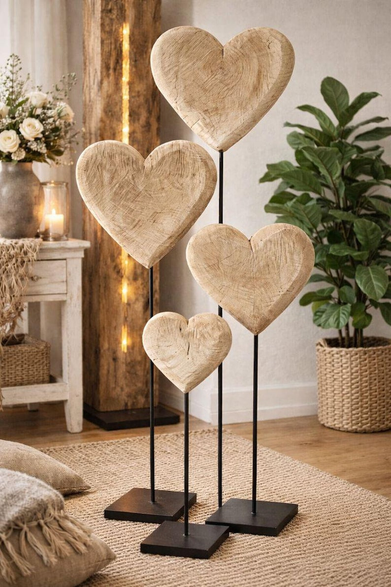 Massivholz Herz auf Metallständer 3 Größen, Holzdeko, Herz Geschenk