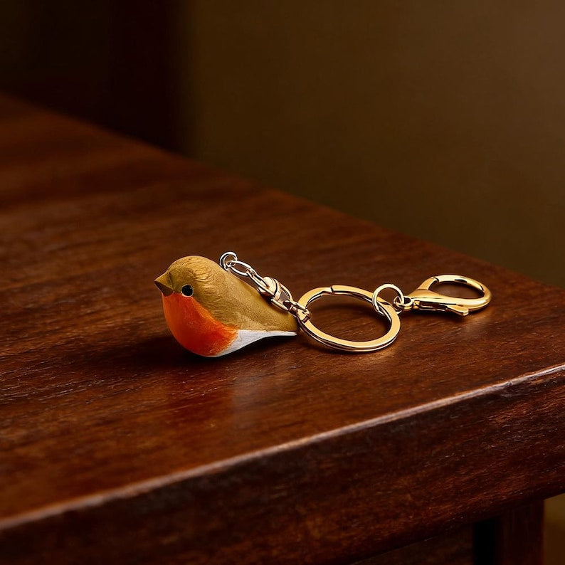 Rotkehlchen Holz Schlüsselanhänger Handgeschnitzt Taschenanhänger Mini Ornament 4,5cm