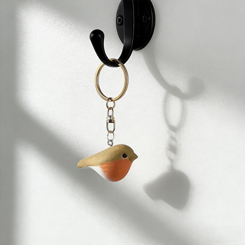 Rotkehlchen Holz Schlüsselanhänger Handgeschnitzt Taschenanhänger Mini Ornament 4,5cm