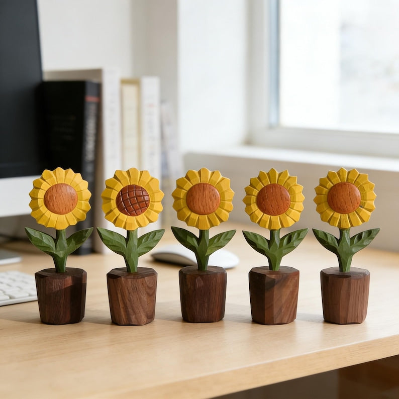 Handgeschnitzte Sonnenblumen-Holzskulptur, rustikales Bauernhaus-Dekor
