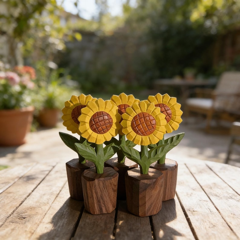 Handgeschnitzte Sonnenblumen-Holzskulptur, rustikales Bauernhaus-Dekor