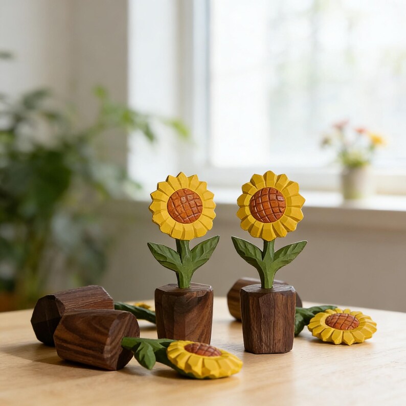 Handgeschnitzte Sonnenblumen-Holzskulptur, rustikales Bauernhaus-Dekor
