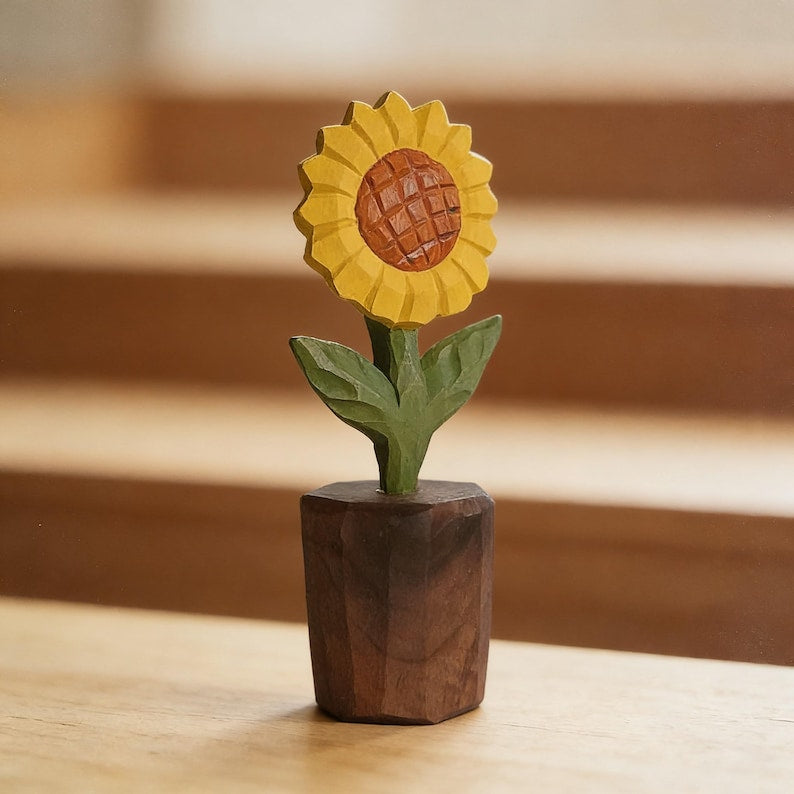 Handgeschnitzte Sonnenblumen-Holzskulptur, rustikales Bauernhaus-Dekor