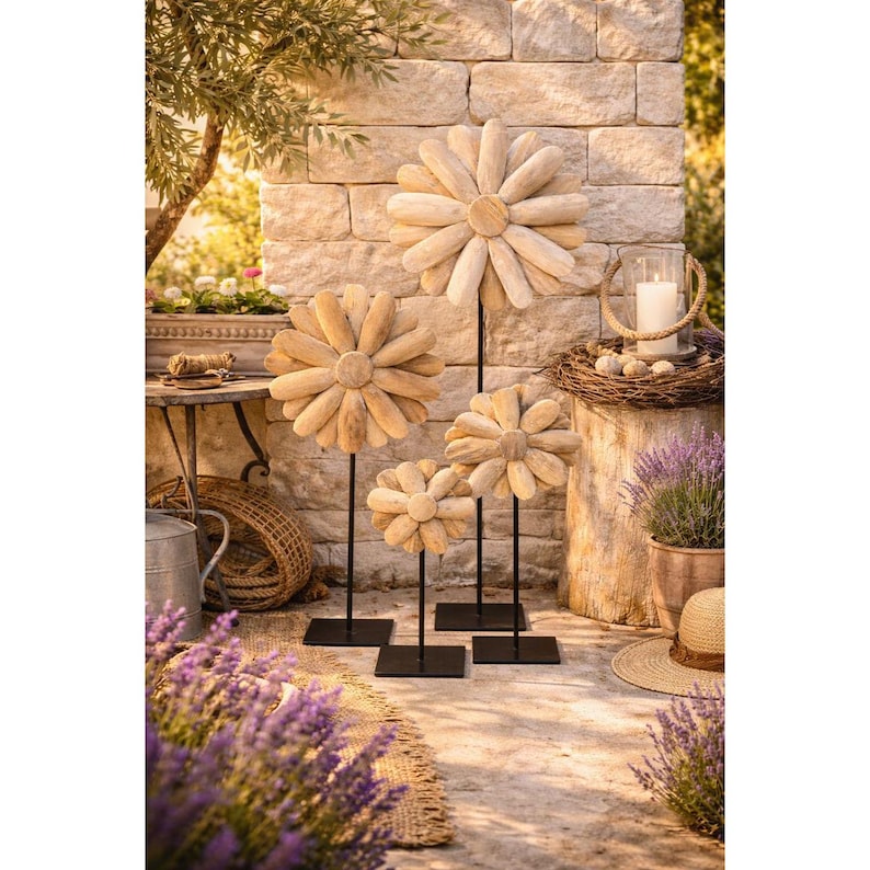 Holzblume auf Metallständer 3 Größen 50-130 cm Massivholz Deko Skulptur