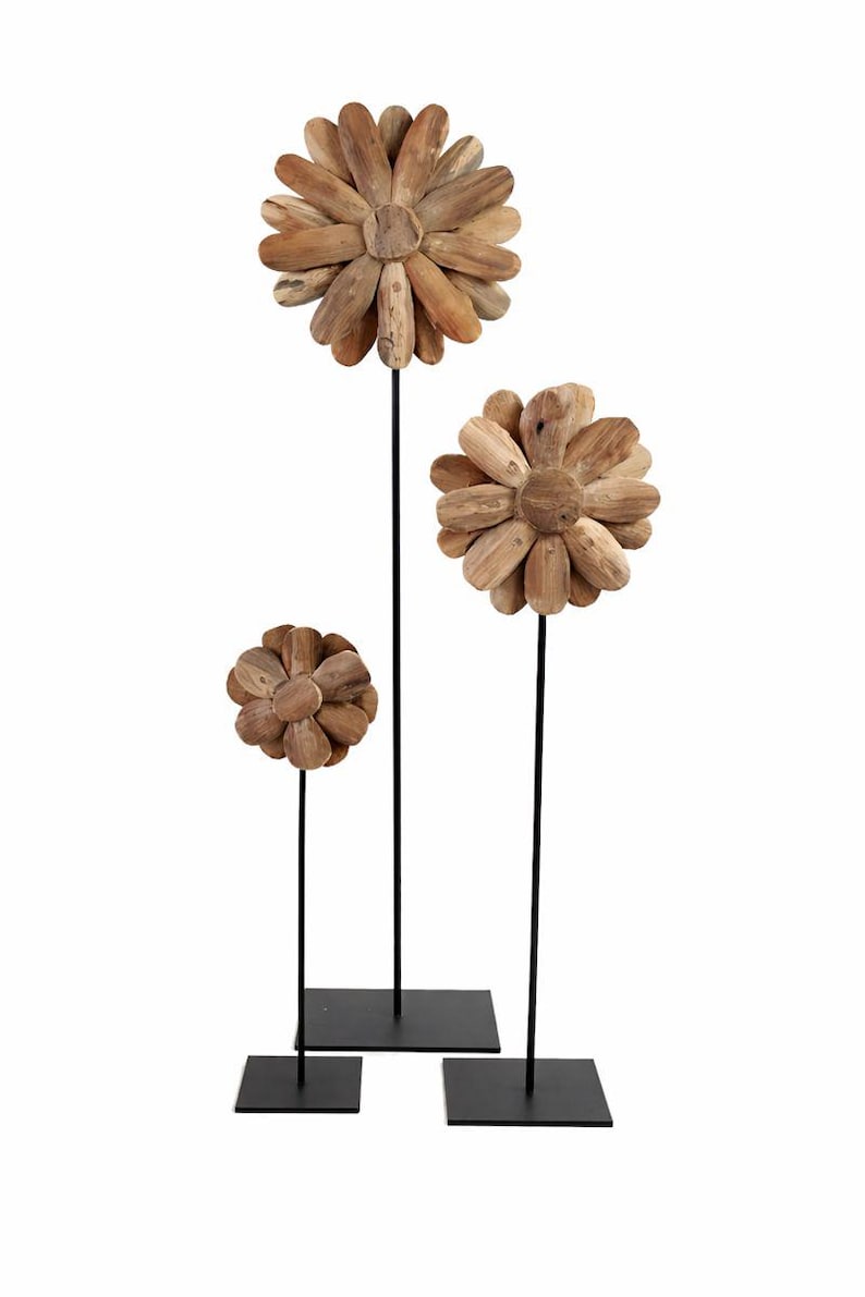 Holzblume auf Metallständer 3 Größen 50-130 cm Massivholz Deko Skulptur